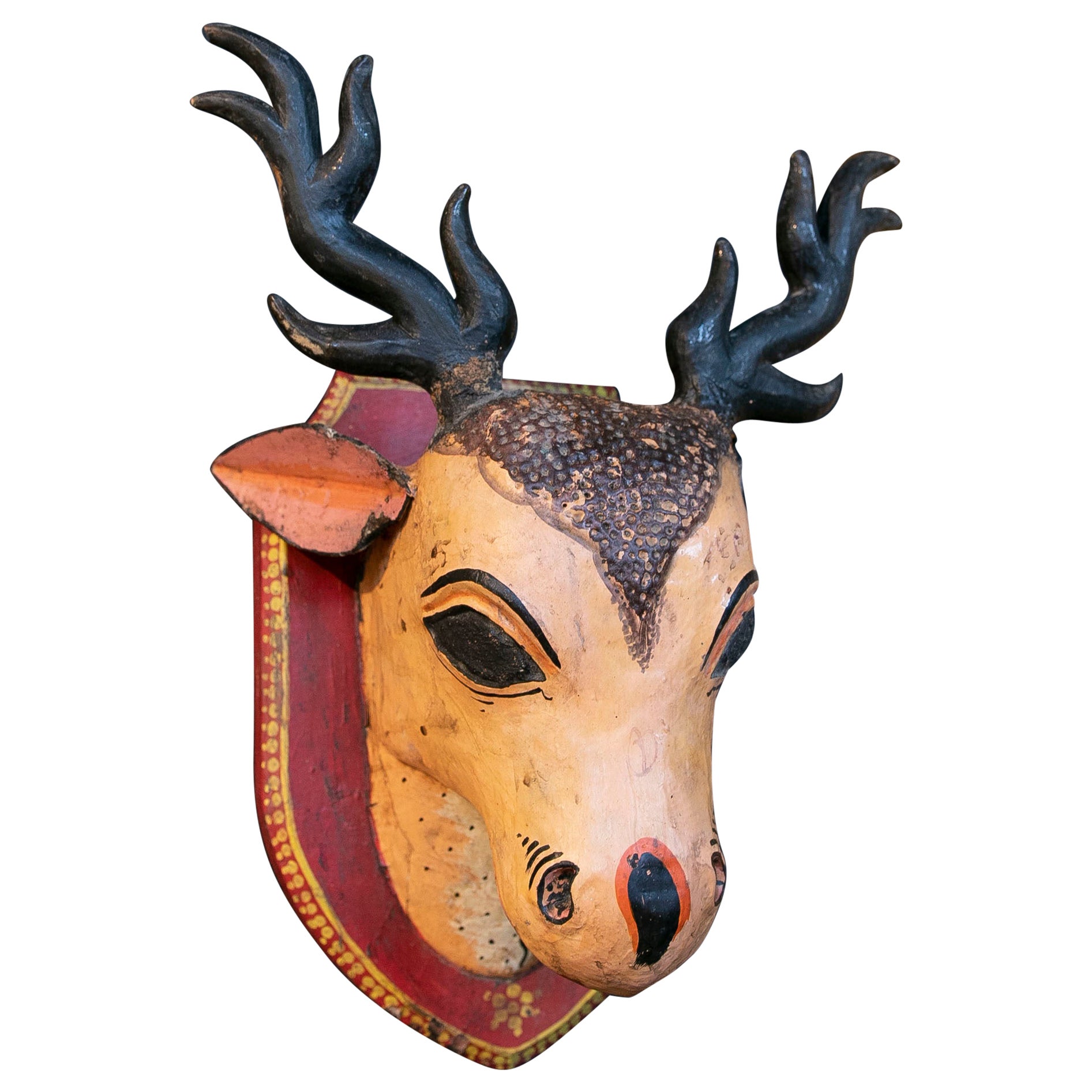 Indian Wooden Wall Sculpture of a Hand-Carved and Hand-Painted Deer