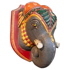 Indian Wooden Wall Sculpture of a Hand-Carved and Hand-Painted Elephant
