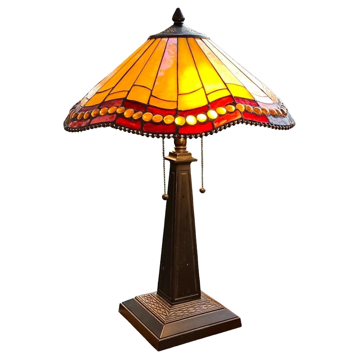 Arts and Crafts Style Table Lamp with Beaded Slag Glass Shade