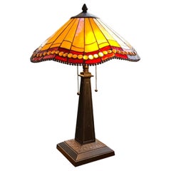 Antique Arts and Crafts Style Table Lamp with Beaded Slag Glass Shade