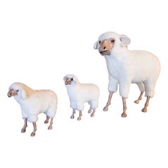 Vintage Set of Three Hand-Painted Sheep Made of Wood and Synthetic Wool