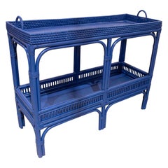 Vintage Rattan and Wicker Shelving Unit with Two Bar Shelves Painted in Blue