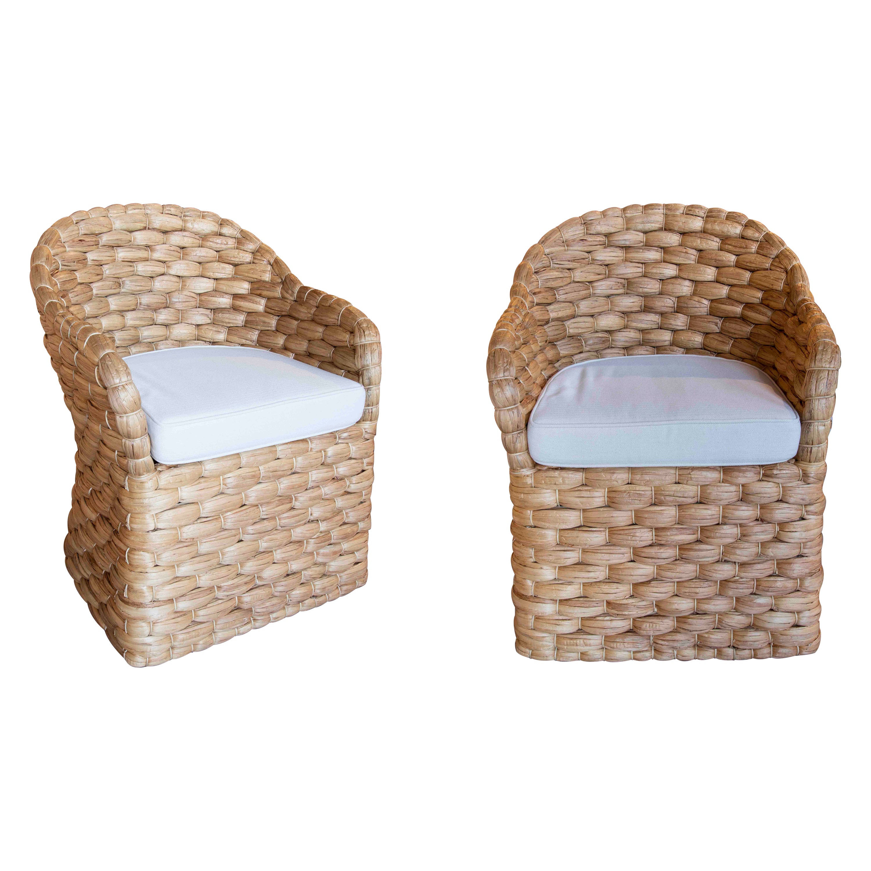 Pair of Rattan Armchairs with Backrest and Cushions in White For Sale