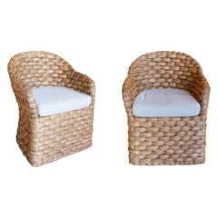 Pair of Rattan Armchairs with Backrest and Cushions in White