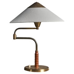 Bent Karlby, Table Lamp, Brass, Elm, Fabric, Denmark, 1940s