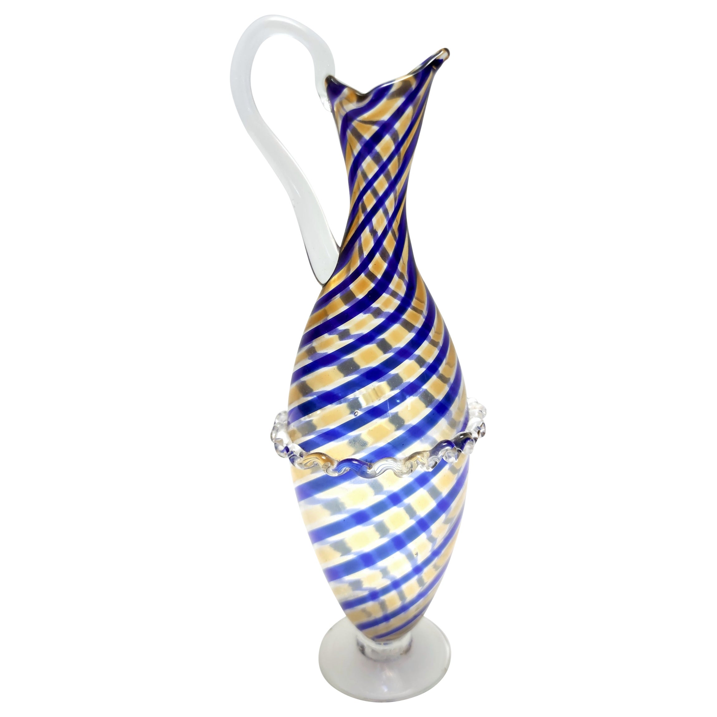 Vintage Murano Glass Pitcher Vase Ascribable to Toso with Blue and Yellow Canes For Sale