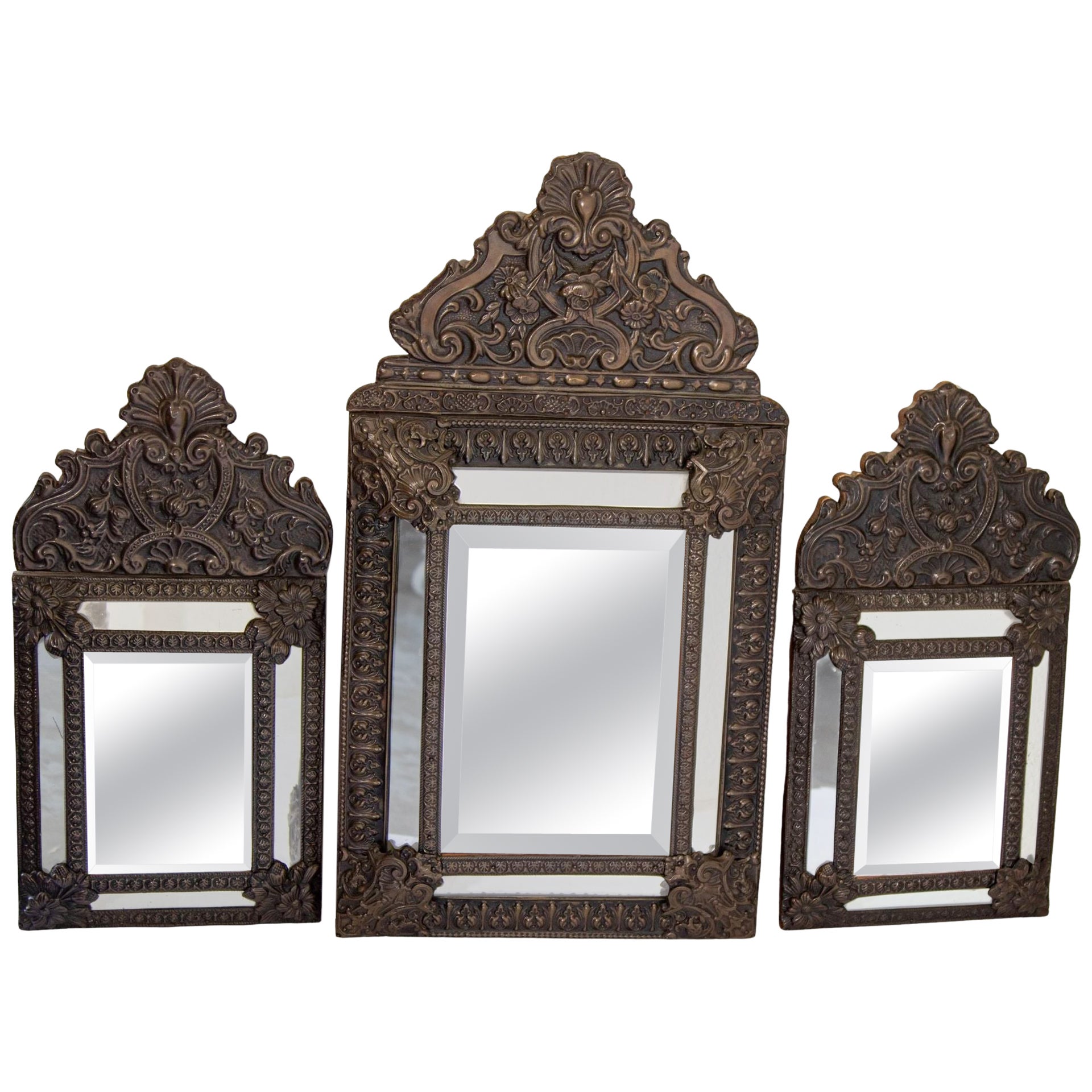 19th Century French Antique Napoleon III Repousse Metal Wall Mirrors Set of 3 For Sale