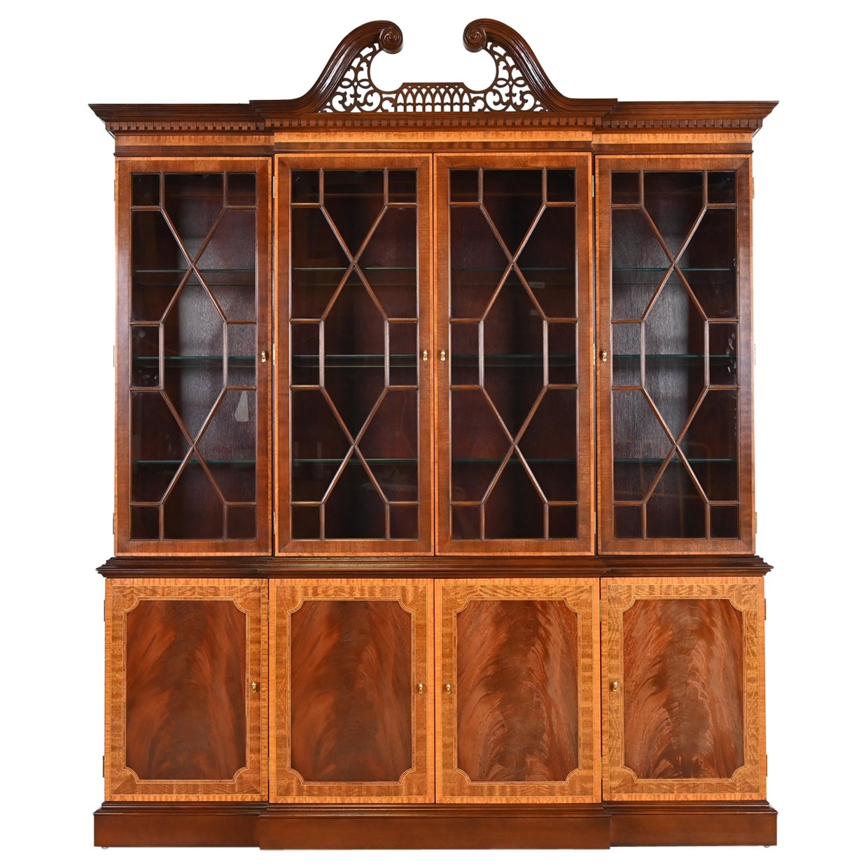 Georgian Carved Mahogany Lighted Breakfront Bookcase Cabinet by Craftique