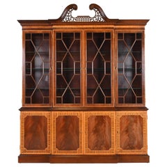 Vintage Georgian Carved Mahogany Lighted Breakfront Bookcase Cabinet by Craftique