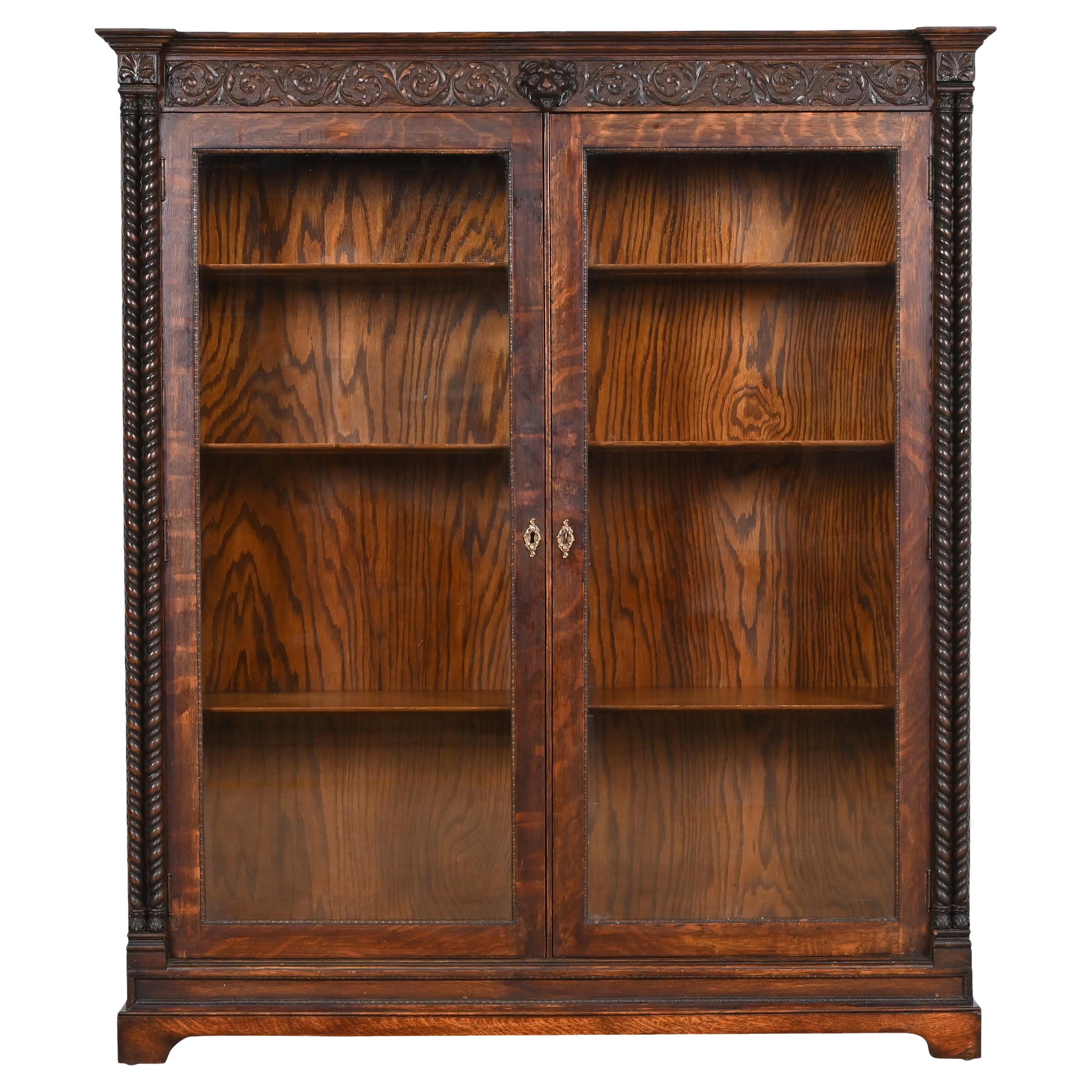 R.J. Horner Style American Empire Carved Oak Double Bookcase, Circa 1890