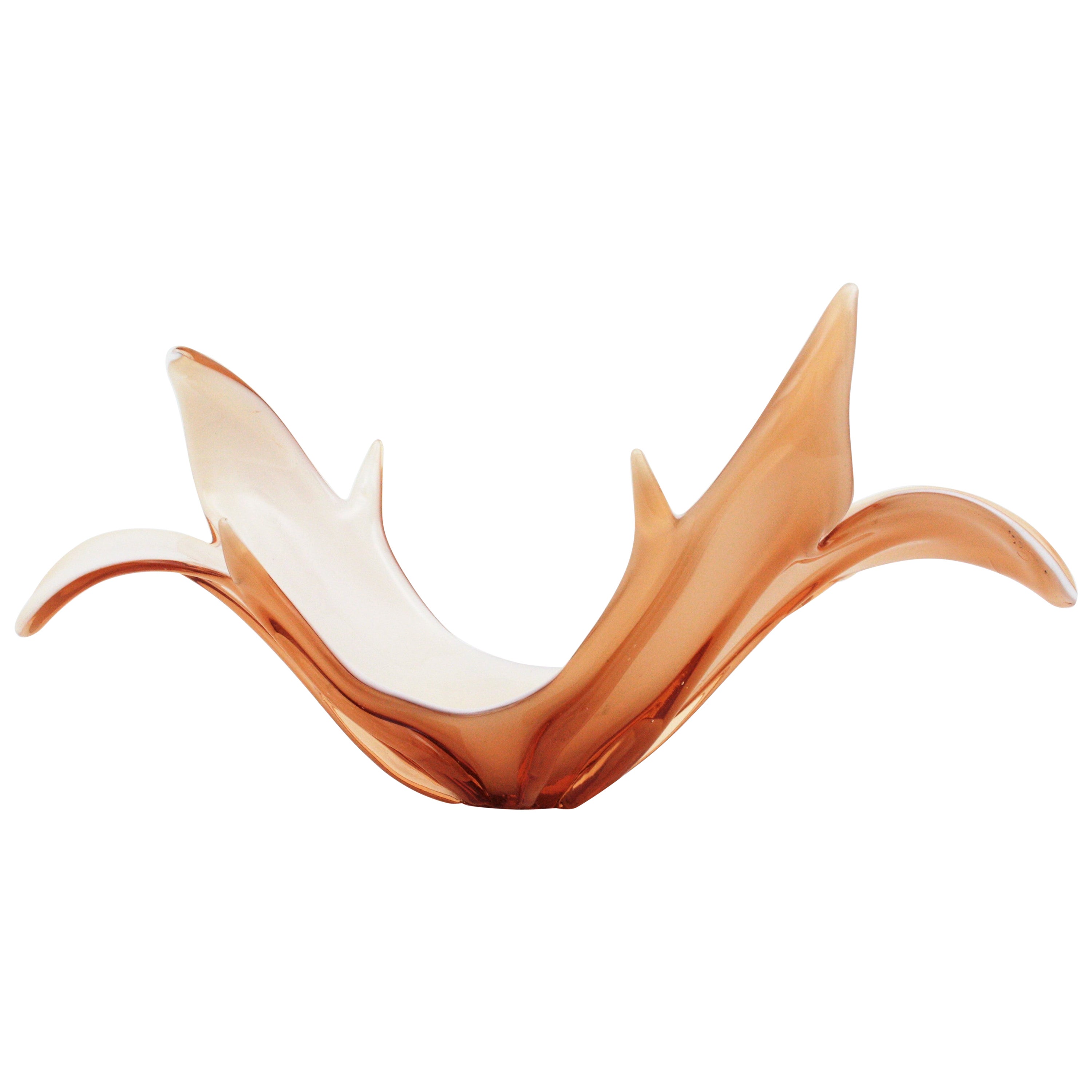 Large Murano Peach White Italian Art Glass Centerpiece Vase Organic Design For Sale