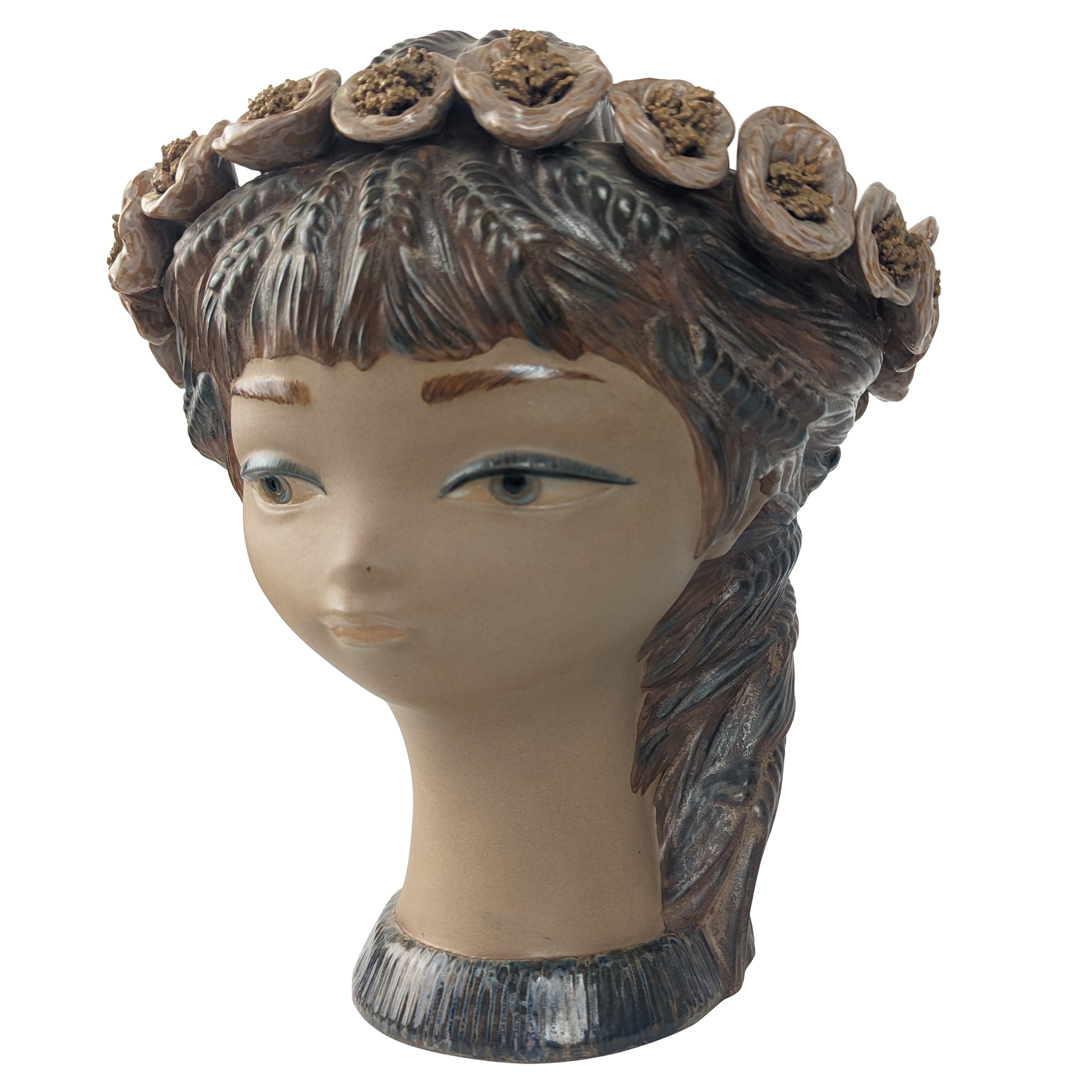 Young girl head vase with flowers and spikes of stoneware Lladró 1970s For Sale