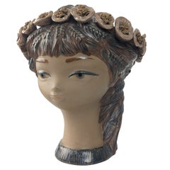Vintage Young girl head vase with flowers and spikes of stoneware Lladró 1970s
