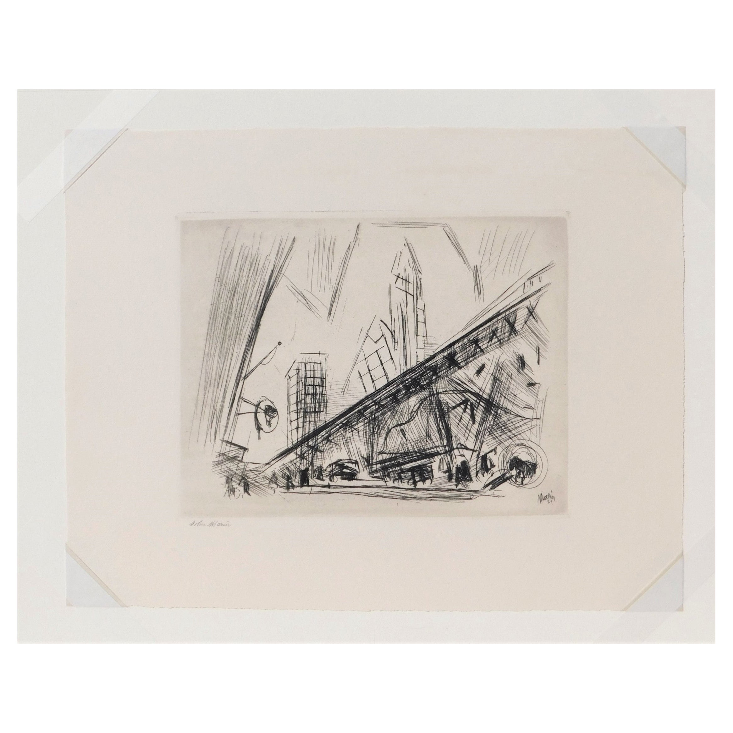 Gravure de John Marin, 1921 - Downtown, the El