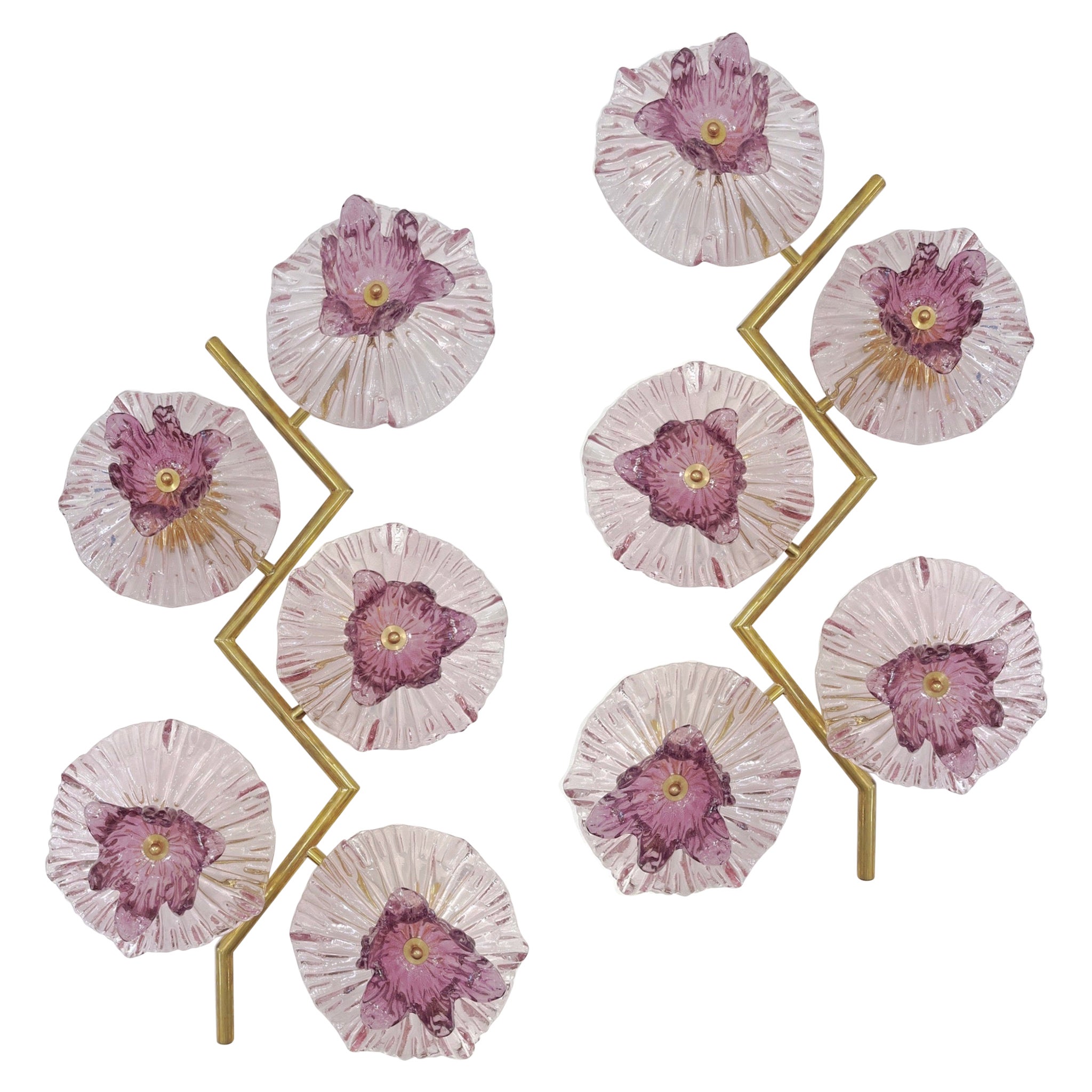 Italian Modern Pair of Pink Amethyst Murano Glass Flower Branch Wall Sconces For Sale
