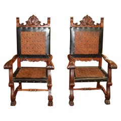 Stunning Pair of Neo Renaissance Style Leather & Wood Throne Chairs
