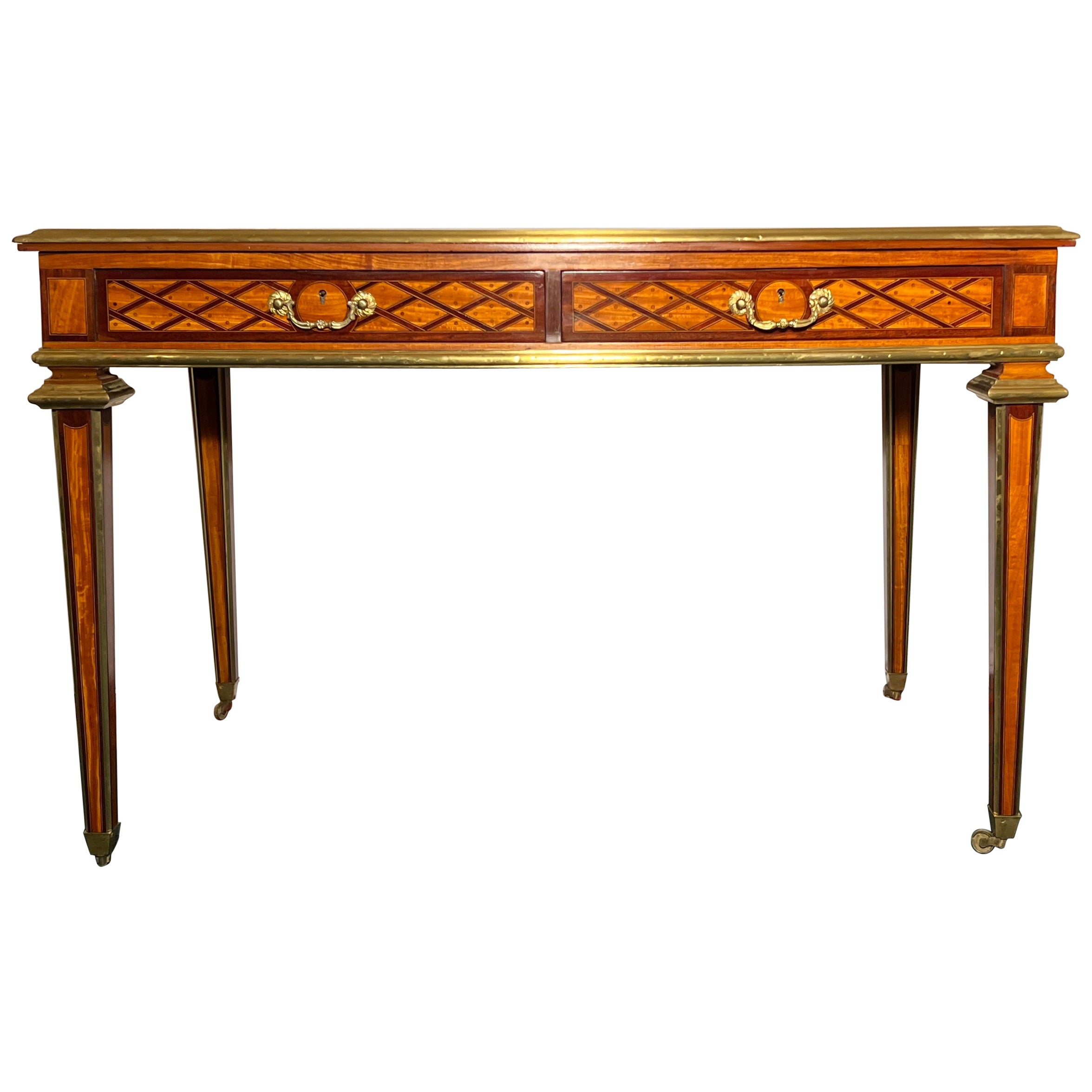 Ancien bureau anglais en marqueterie de bois de satin vers 1890