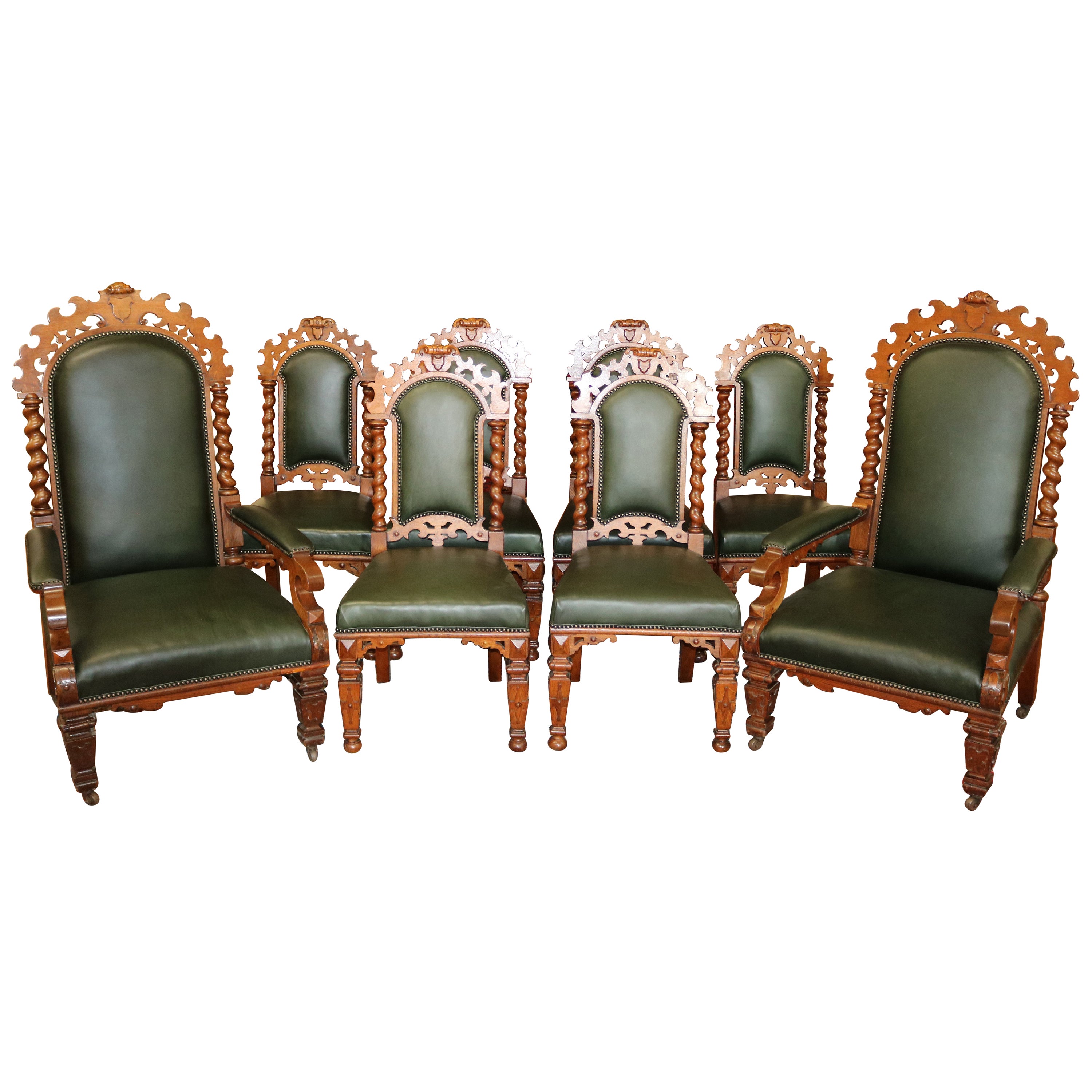 Satz von 8 viktorianischen Barley Twist-Esszimmerstühlen aus Eiche und grünem Leder aus dem 19. Jahrhundert
