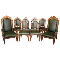 Set of 8 19th Century Victorian Barley Twist Oak & Green Leather Dining Chairs