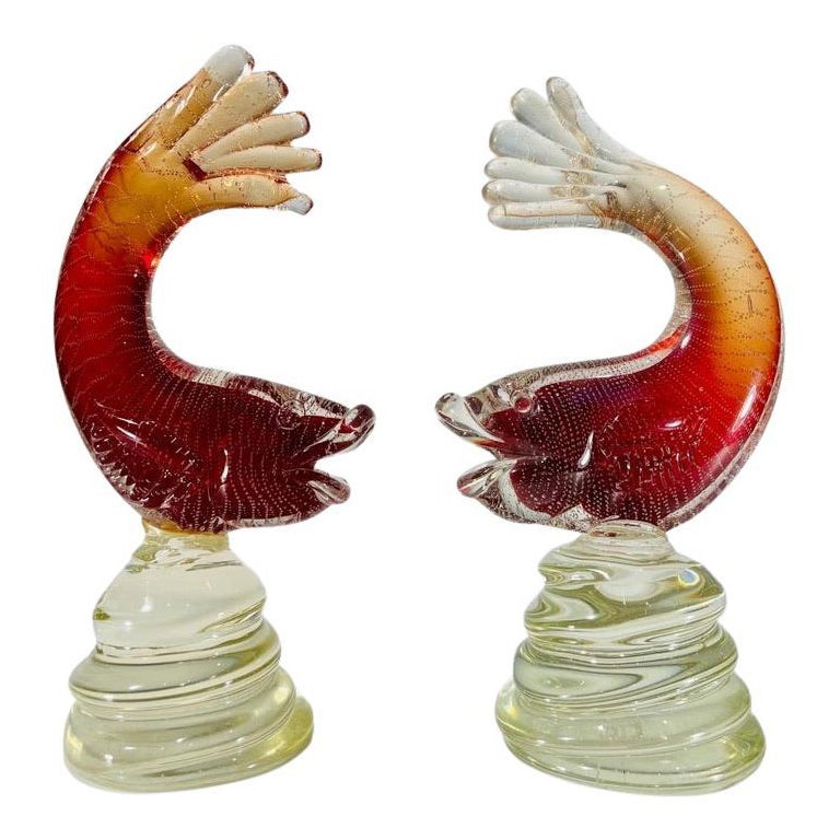Archimede Seguso pair of sculptures in Murano glass red fishes 1950 For Sale