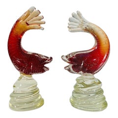 Vintage Archimede Seguso pair of sculptures in Murano glass red fishes 1950