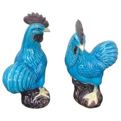 Pair of Chinese Export Turquoise Glazed Roosters