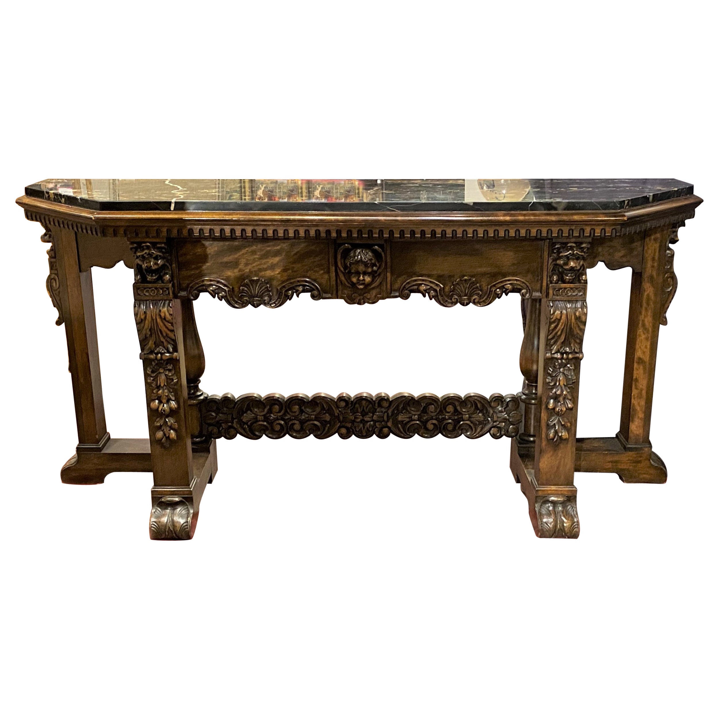 Mahogany Baroque Revival Marble Top Console Table with Lion & Acanthus Carving For Sale