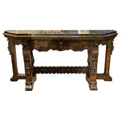 Vintage Mahogany Baroque Revival Marble Top Console Table with Lion & Acanthus Carving