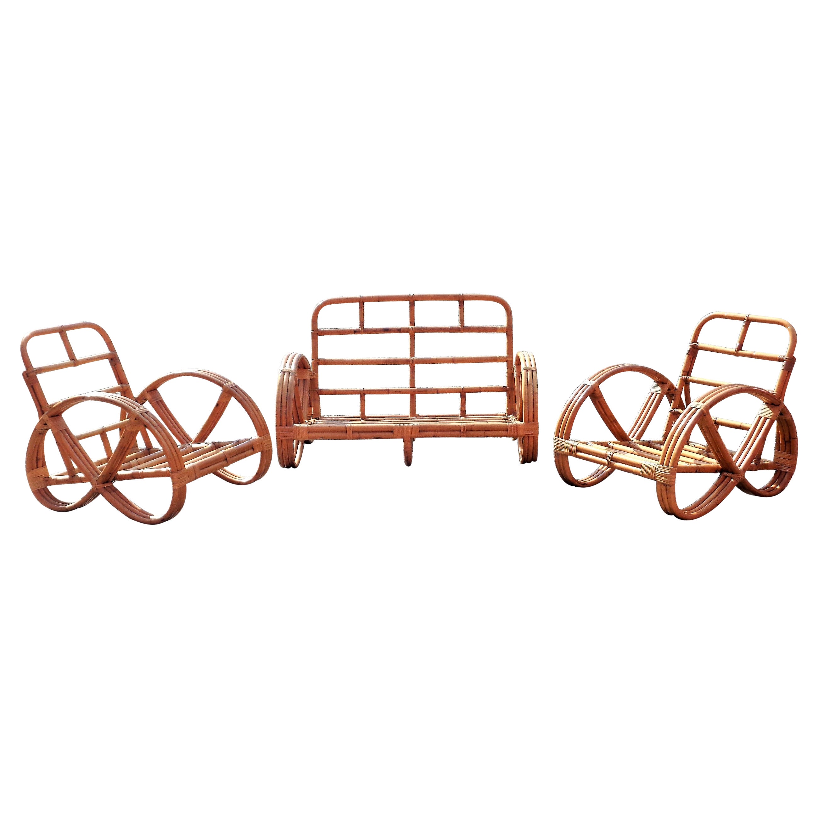  Three Strand Rattan Pretzel Lounge Chairs and Loveseat, Circa 1950