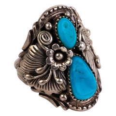 Vintage Navajo Native American Natural Turquoise Sterling Silver Ring 