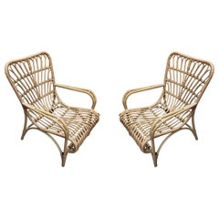 Restored Faux Rattan Outdoor Lounge Chair Pair in the style of Franco Albini