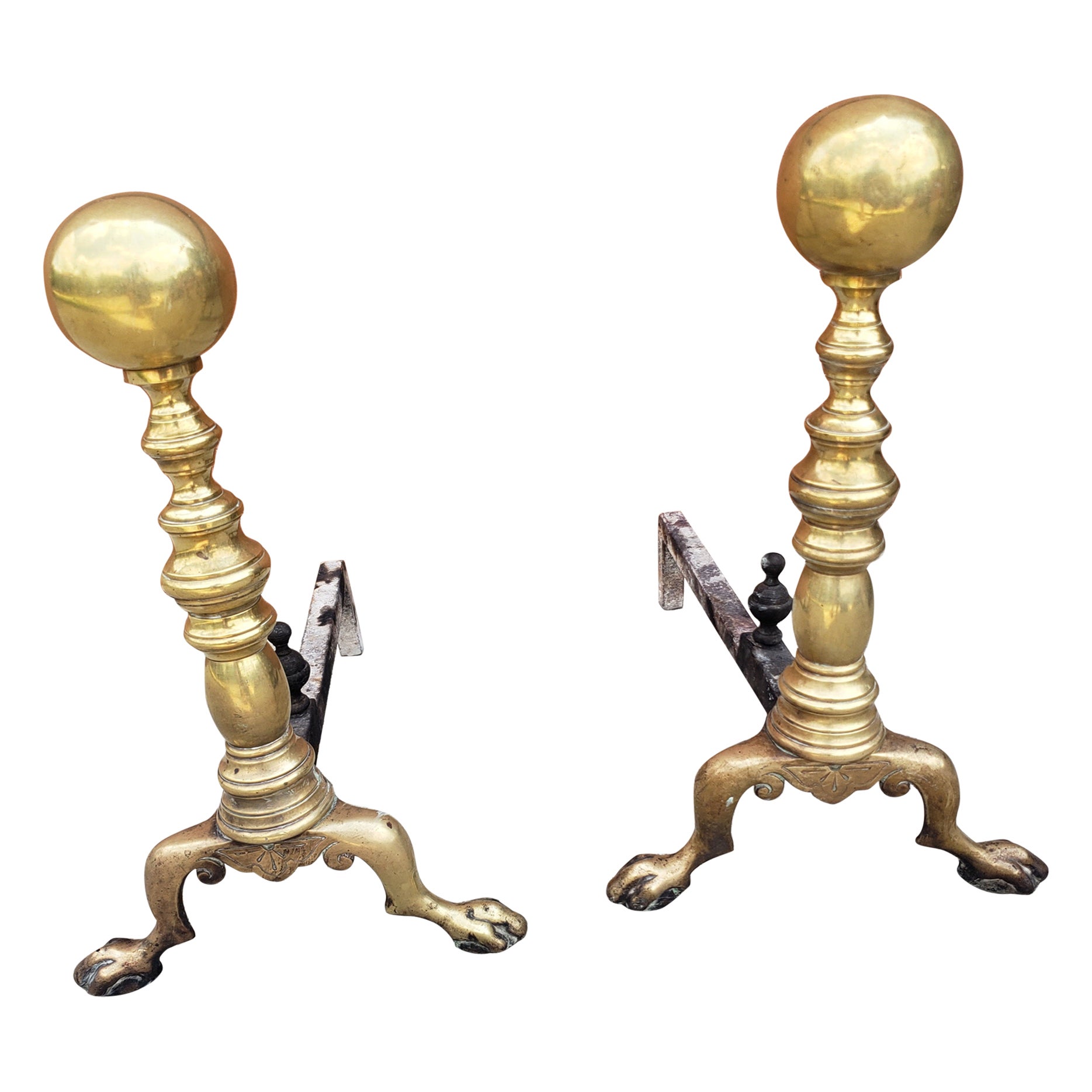 Pair of Early 20th C. George III Style Solid Brass Canon Ball Andirons For Sale