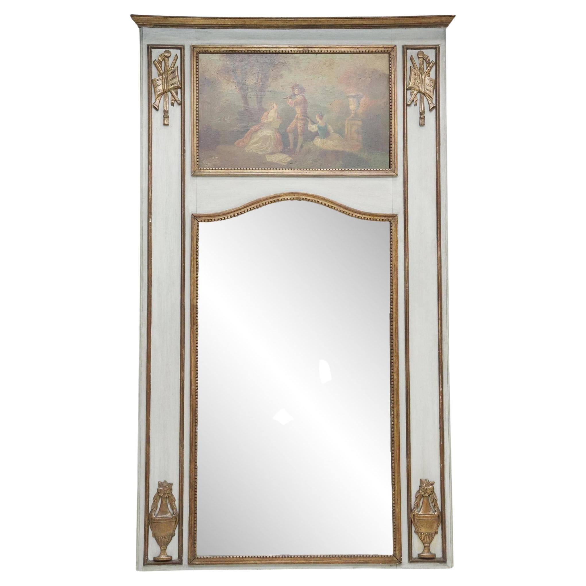 Antique French Louis XVI Style Parcel Gilt Gray Painted Trumeau Mirror For Sale