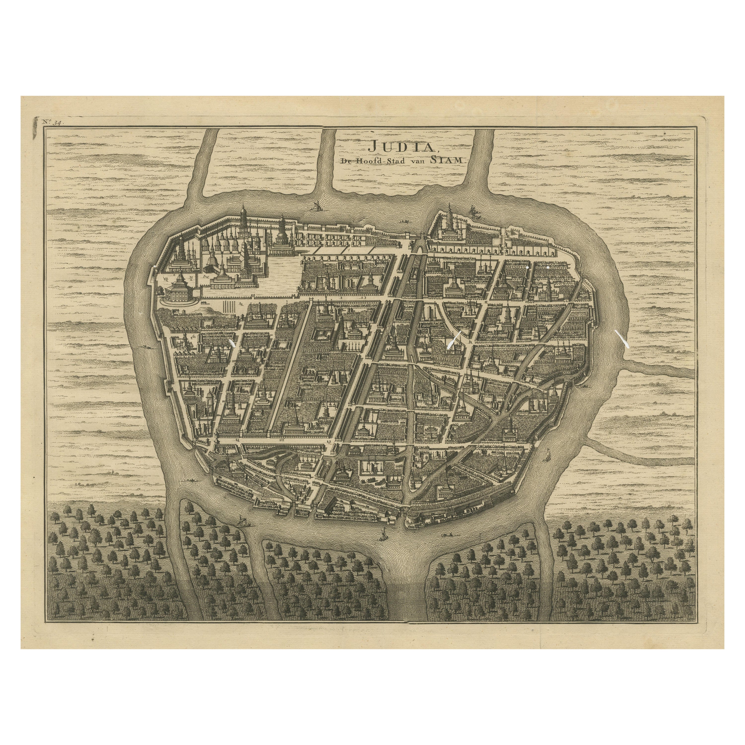 Antique plan of Ayutthaya, the capital of Siam, Thailand For Sale