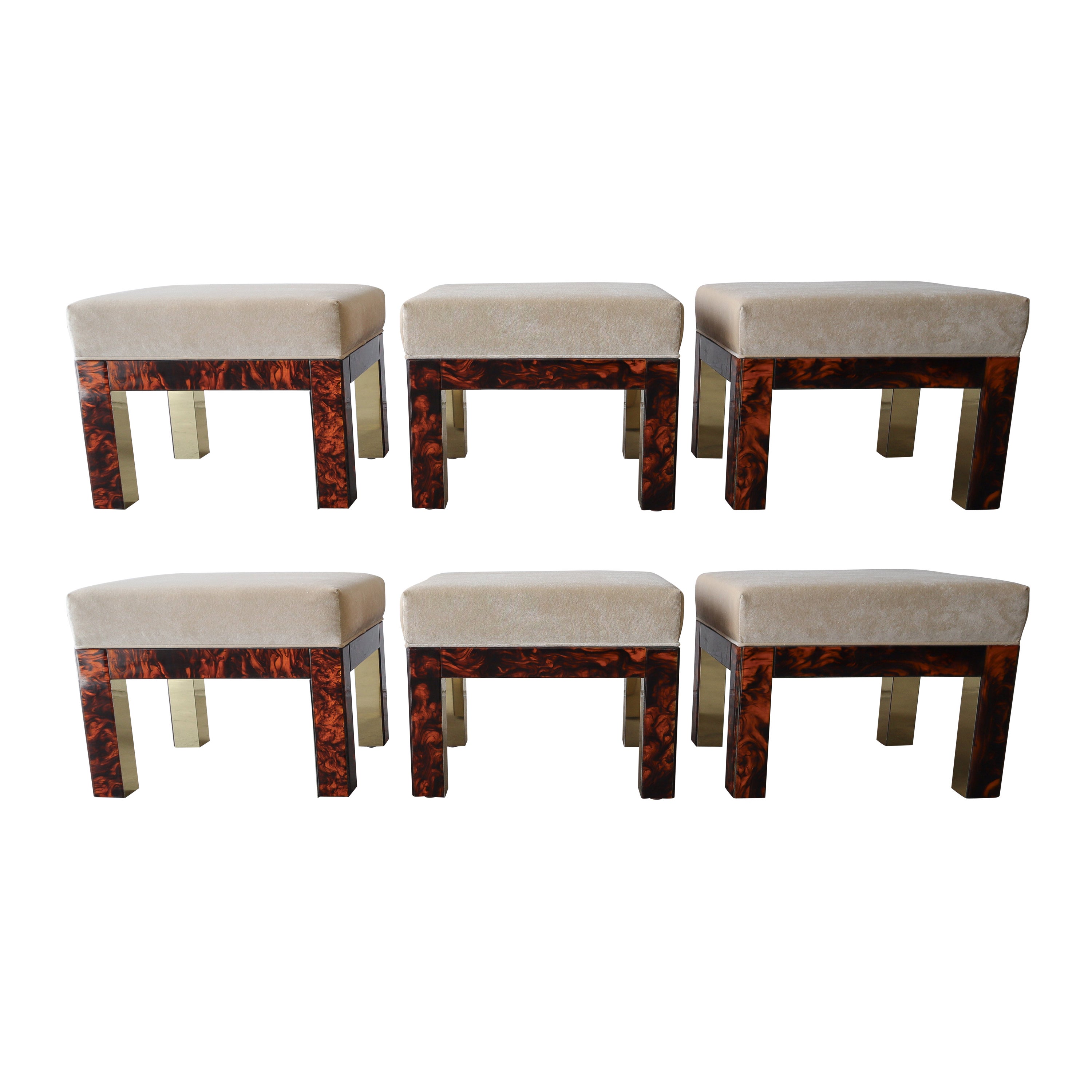 1970s Brass and Bakelite Low Stools Ottomans - Set of 6 For Sale
