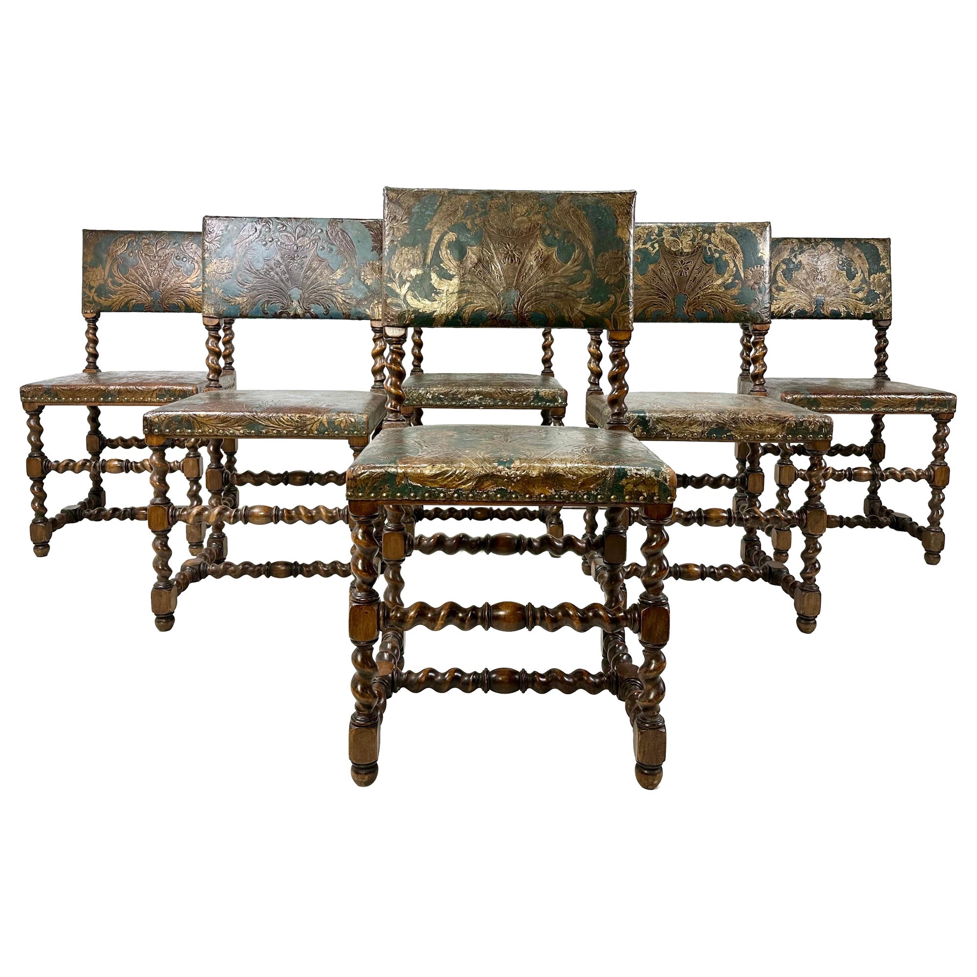 Late 19th Century Set of Six Baroque Style Dining Chairs With Gilt Leather