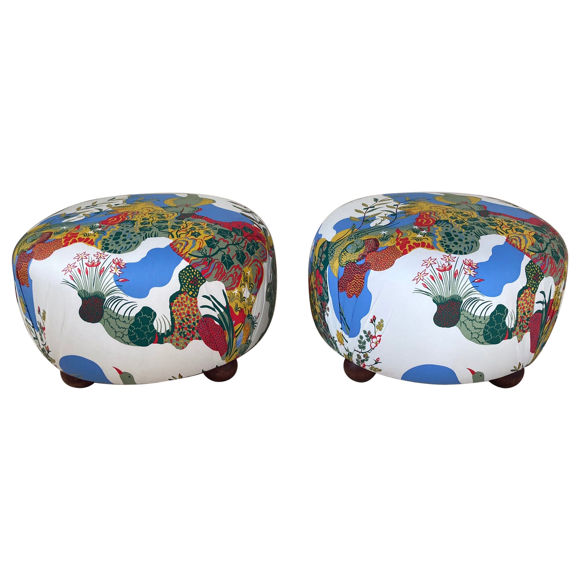 Beautiful Ottomans, Stools in Josef Frank Anakreon Fabric by Svenskt Tenn