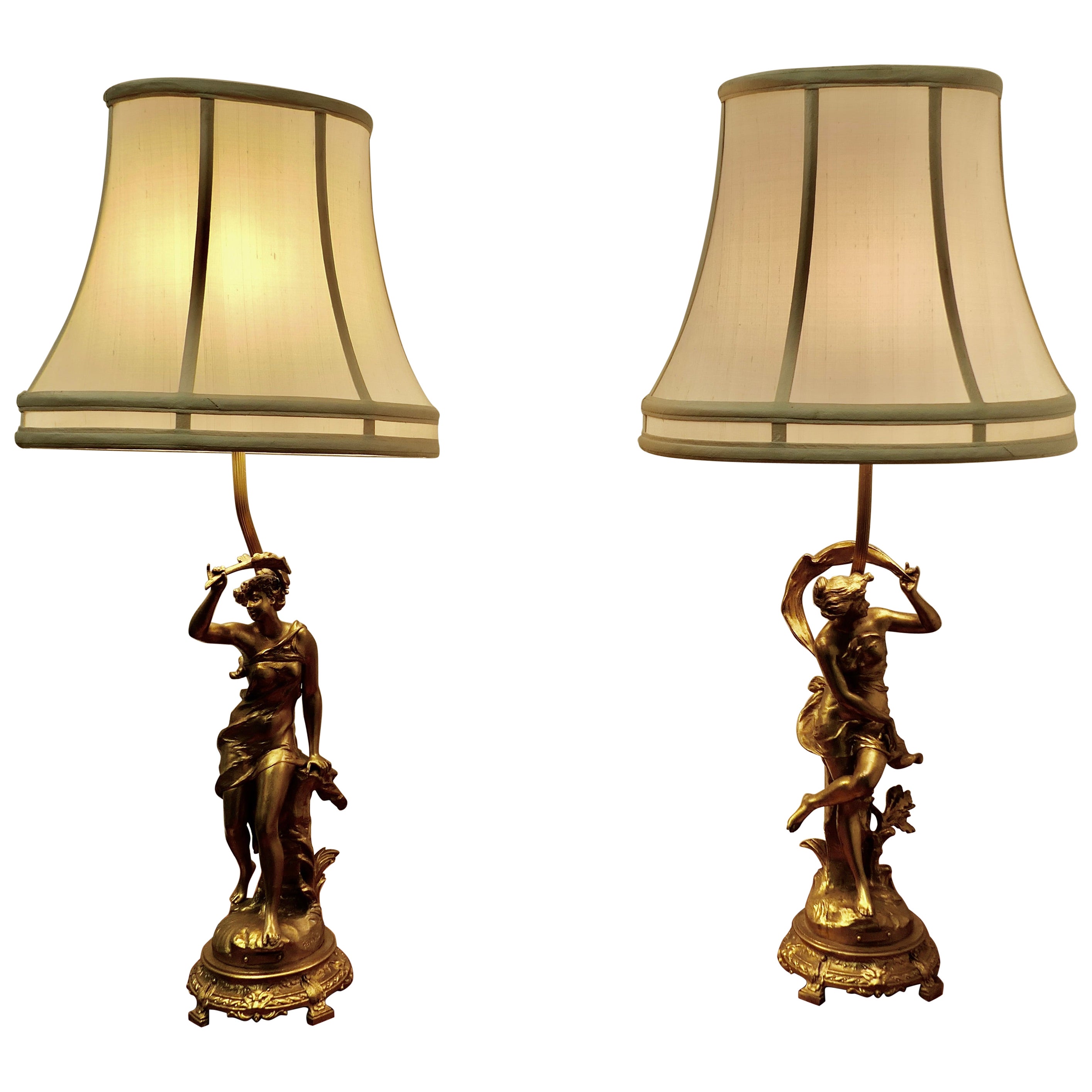 A Pair of French Figural Brass Lamps, after Ernest Justin Ferrand A Pair of  Fre For Sale at 1stDibs