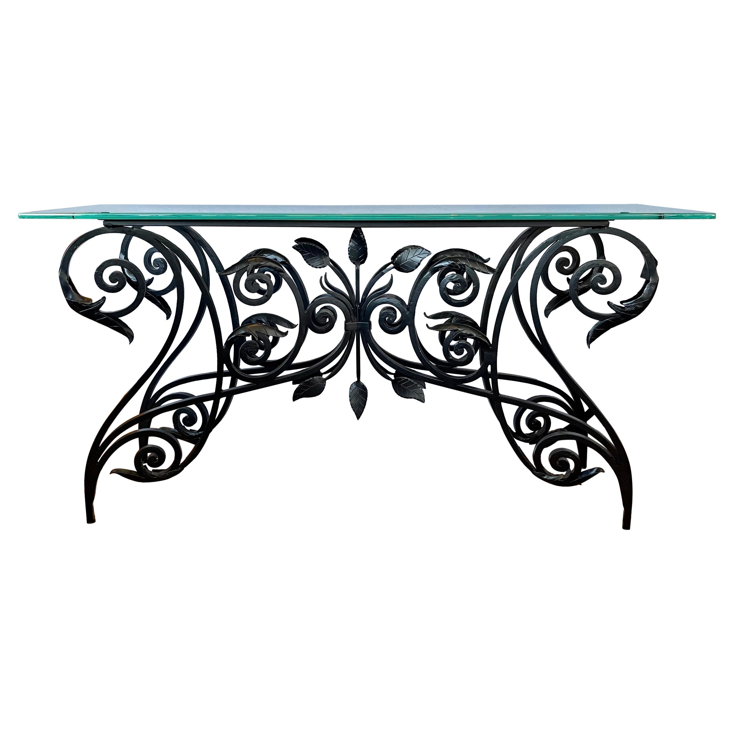 Maison Jansen Style Organic French Iron and Glass Console Table 