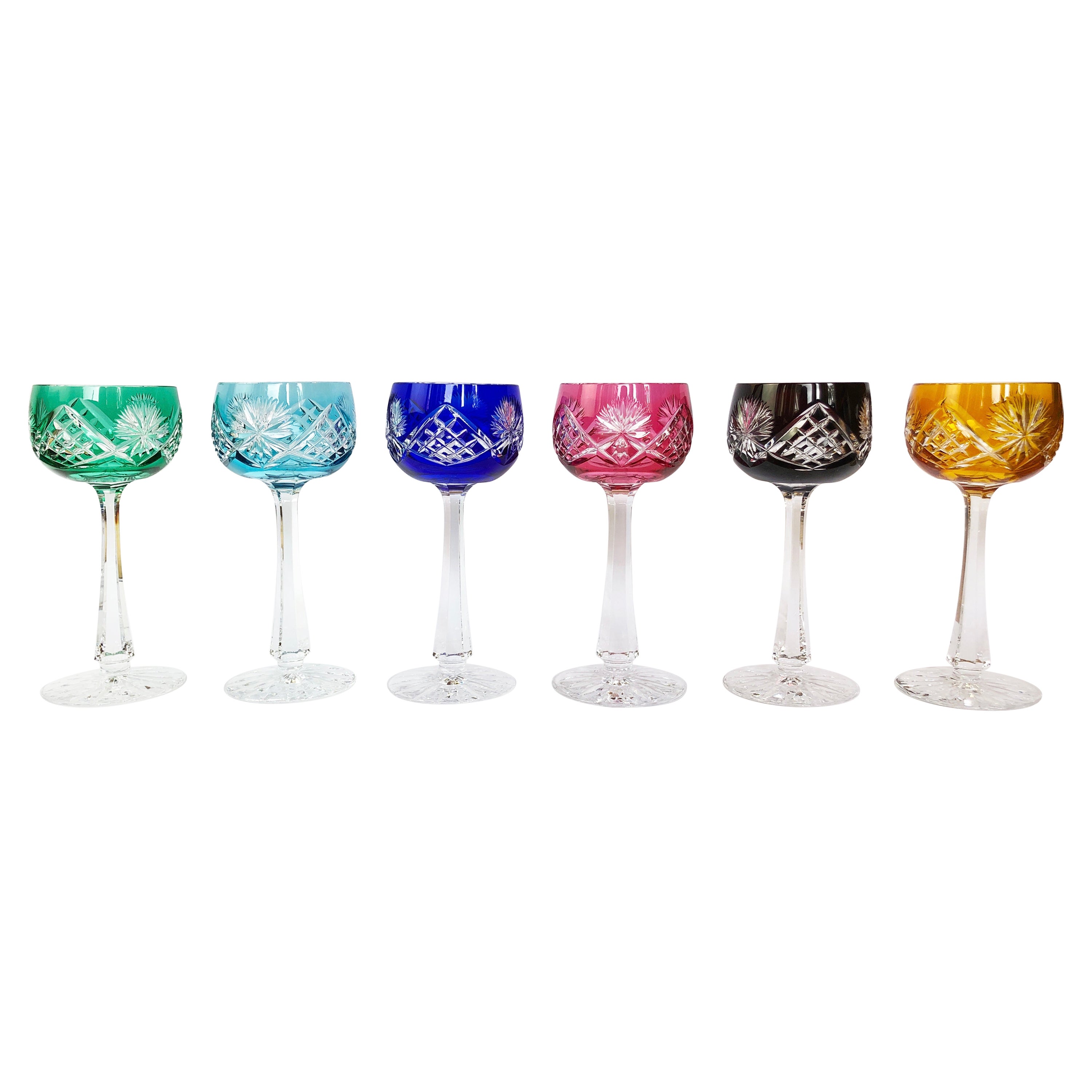 Mid-Century German Amber Hand Cut Crystal Wine Glasses - Set of 8