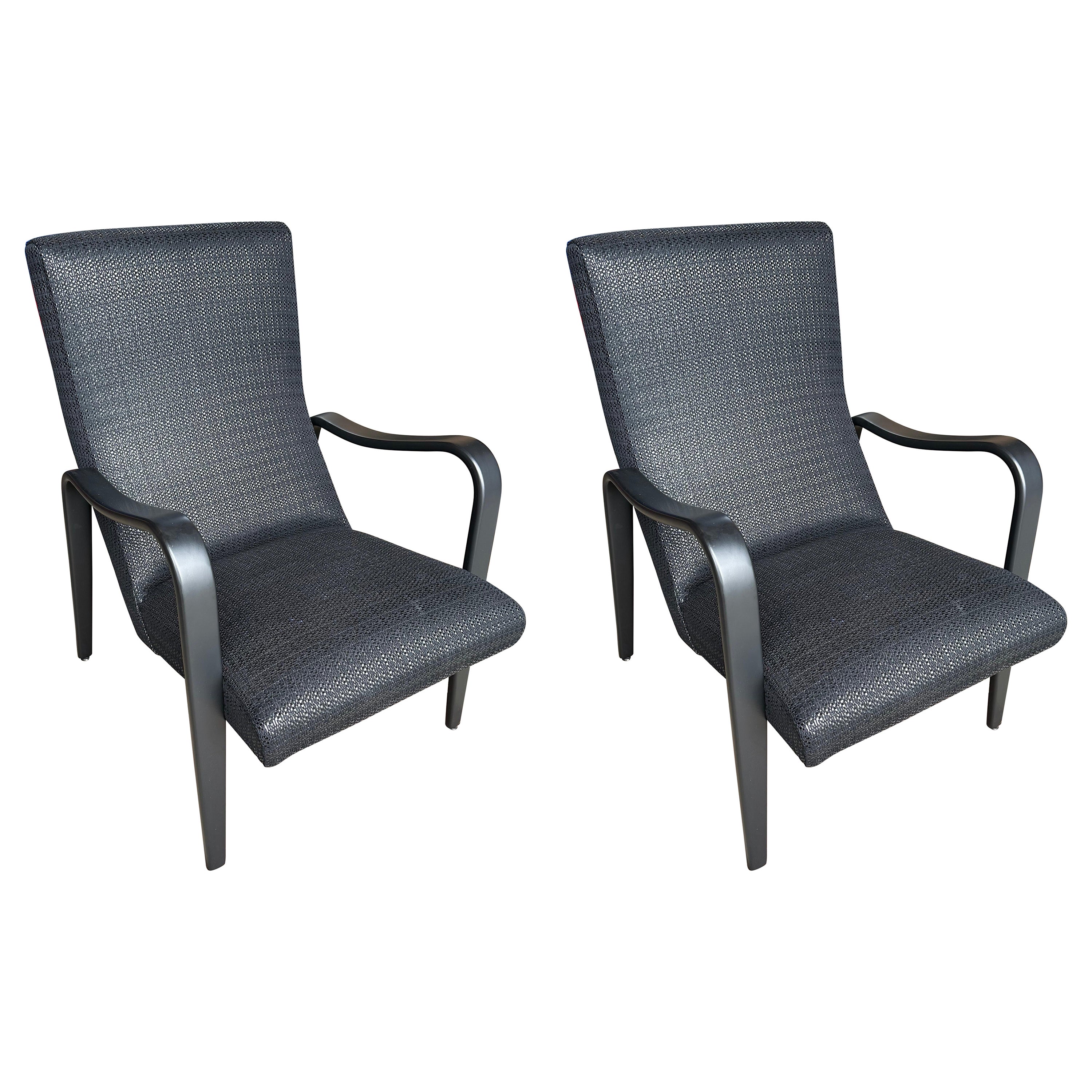 pair of fully refurbished mid-century arm chairs in custom woven leather For Sale