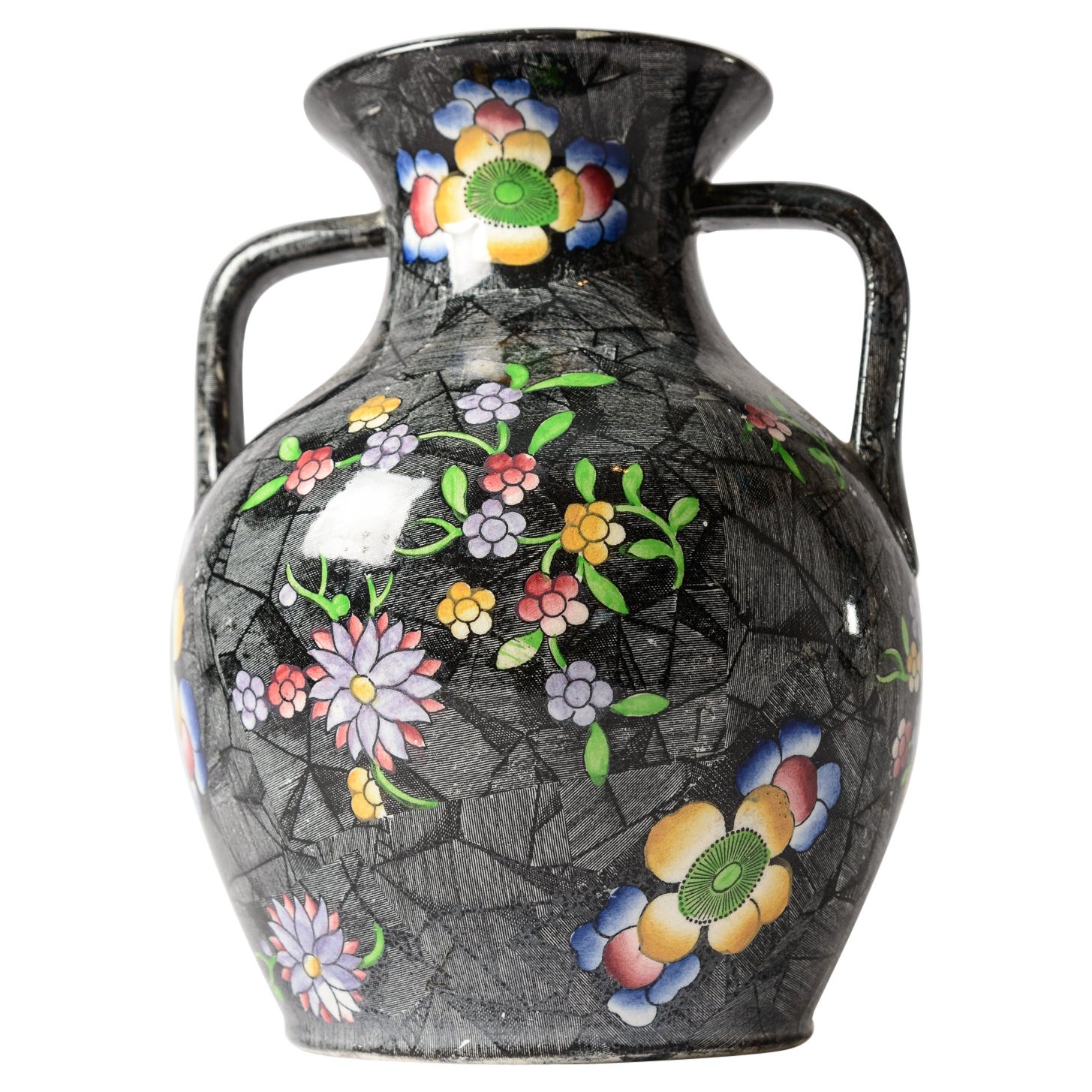 Antike Spode England-Vase mit doppeltem Henkel und schwarzem Hintergrund  im Angebot
