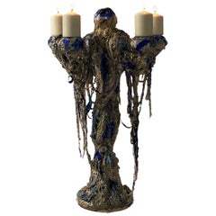 Sculpture  blanc et bleu  Porte-bougies en plâtre