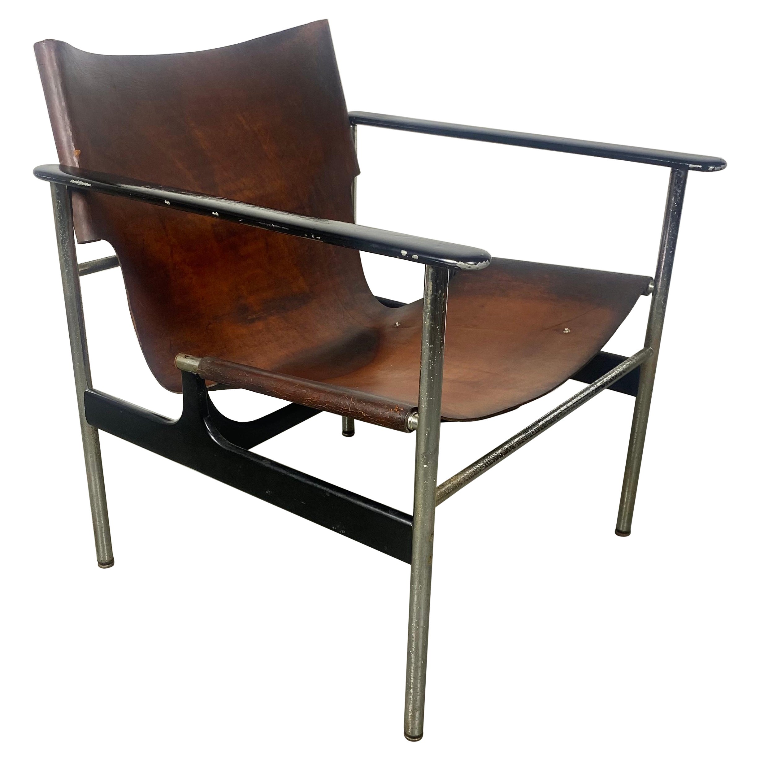 Early Charles Pollock 657 Leather Sling Lounge Chair by Knoll For Sale