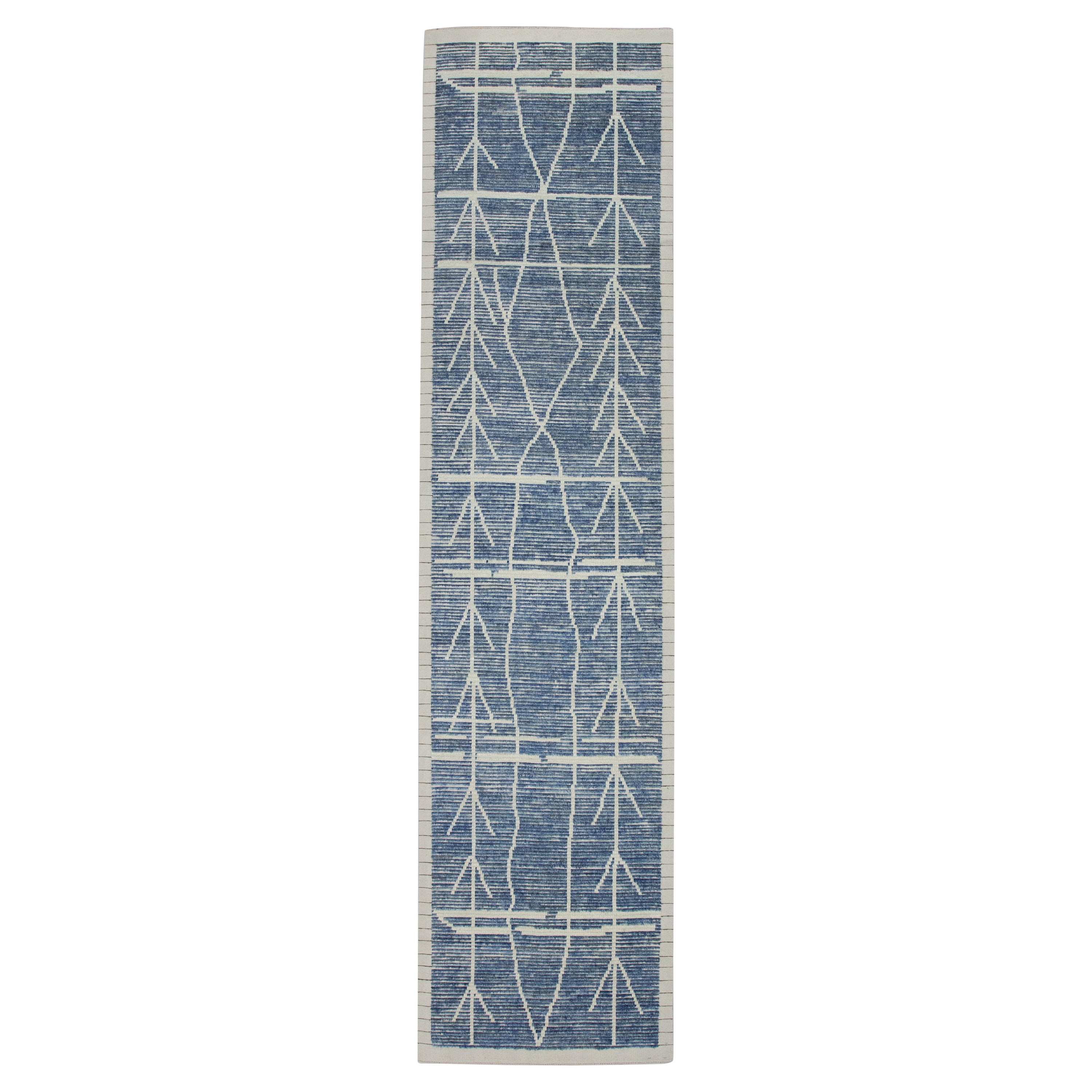 Blue 21st Century Modern Moroccan Style Wool Runner 3'1" X 12'6" For Sale