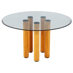 Round Italian Modern Glass Dining Table with Wood Legs by Ico Parisi