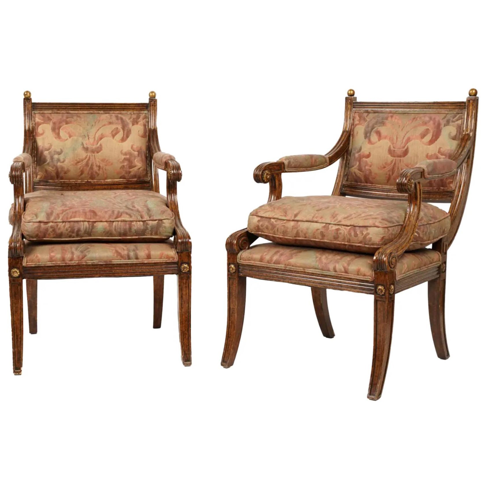 Pair of Regency Style Fortuny Giltwood Arm Chairs For Sale