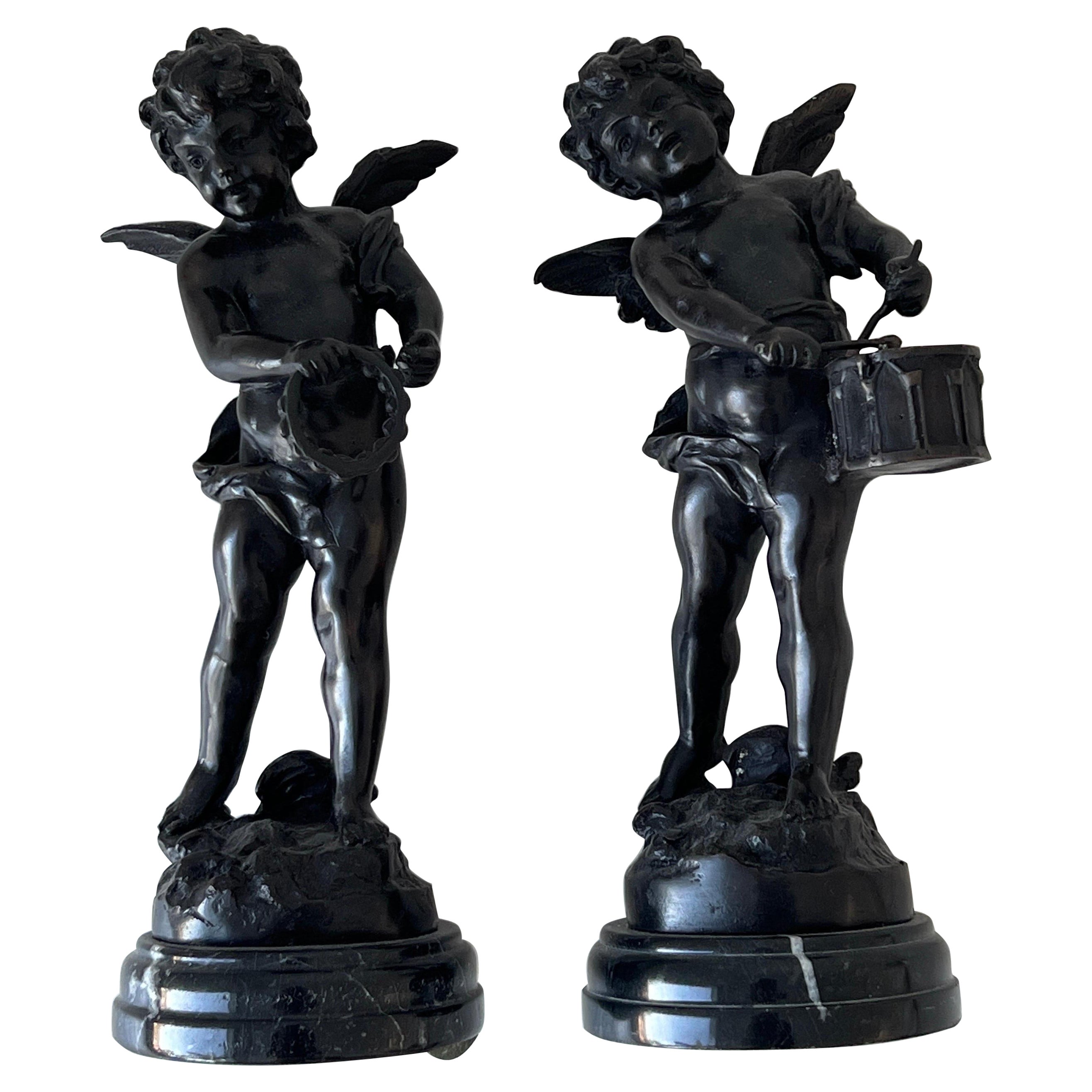 Little Angels playing instruments, Hippolyte Francois Moreau Bronze 1870 France For Sale