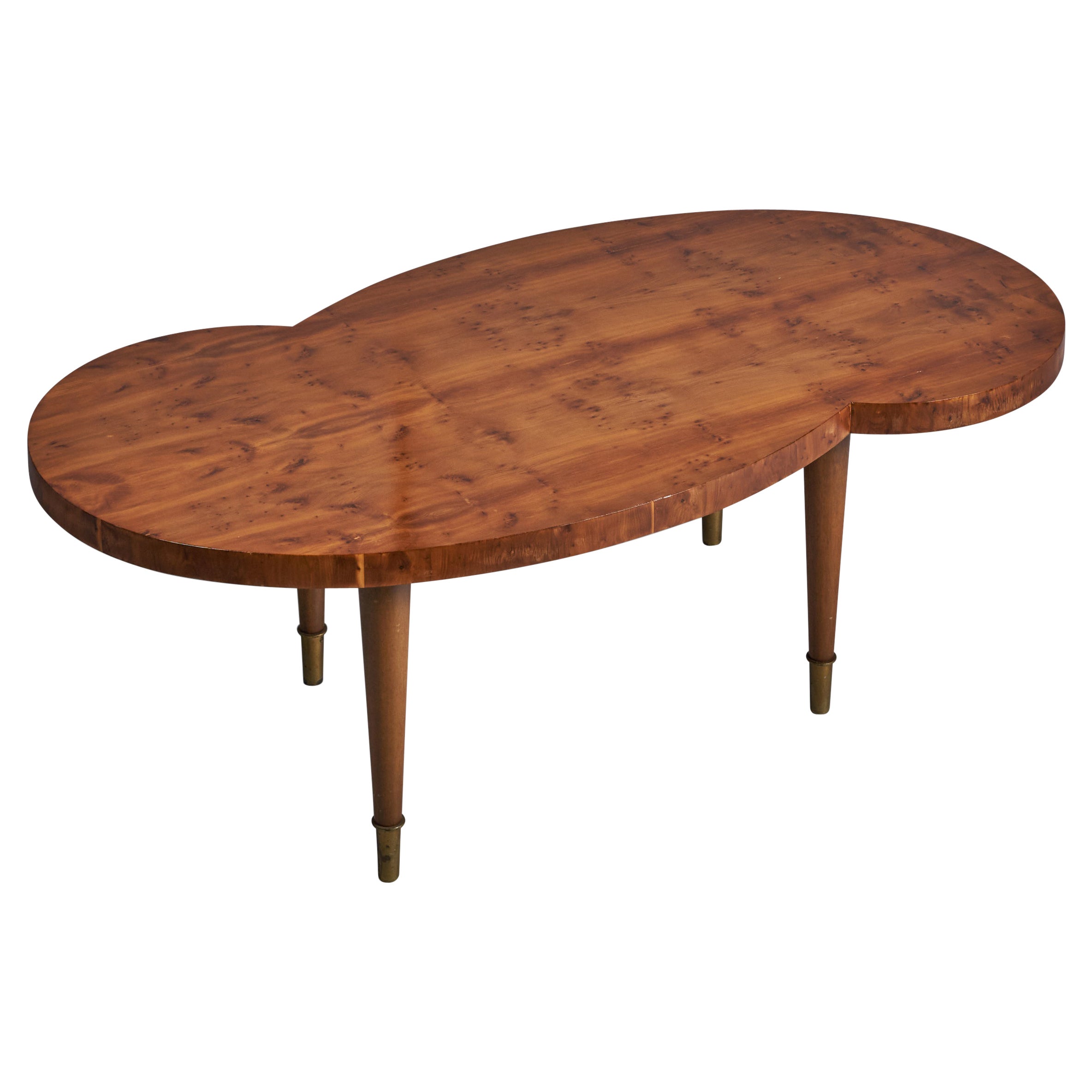 Tommi Parzinger, table basse, loupe d'acajou, laiton, États-Unis, années 1950