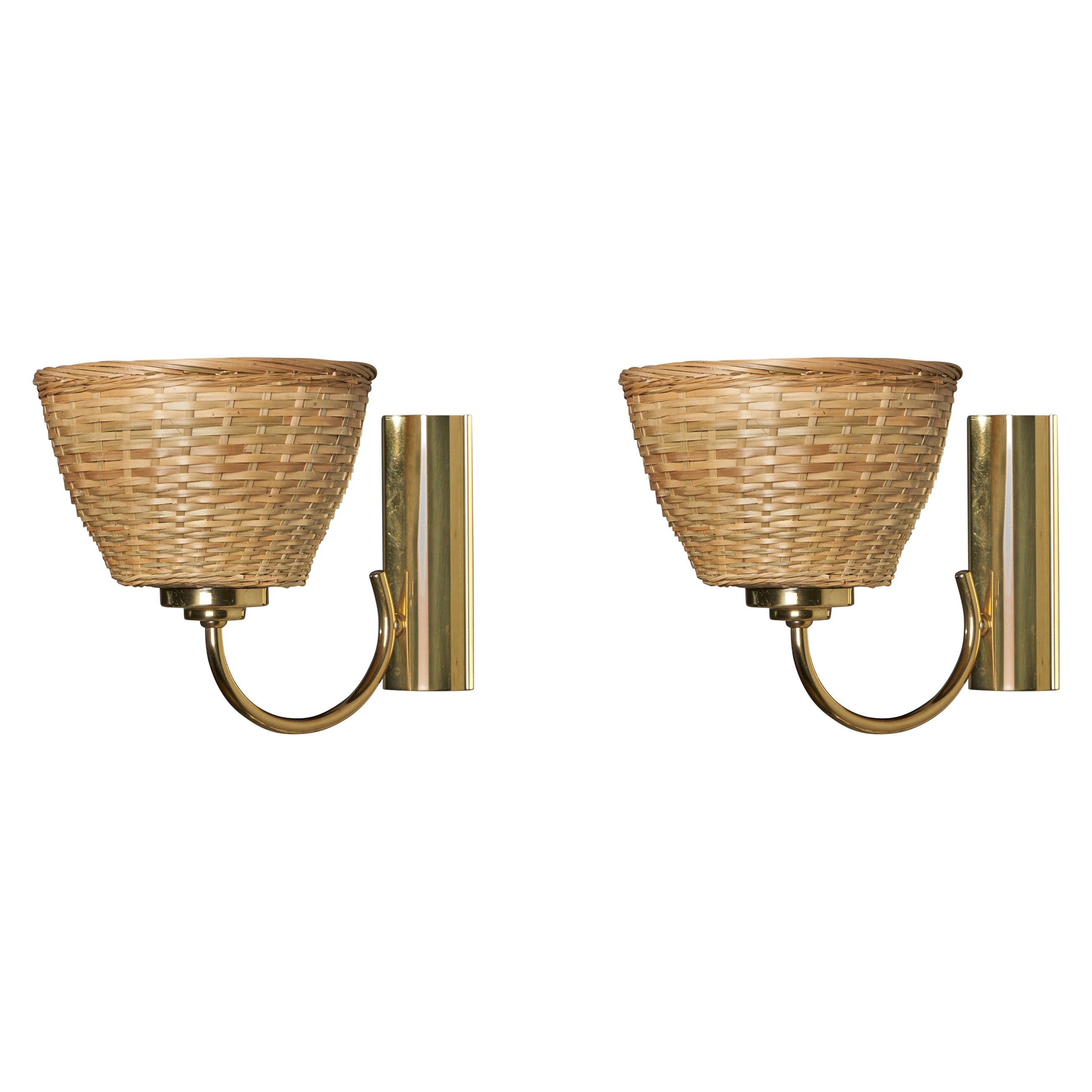 Swedish Designed, Wall Lights, Brass, Rattan, Sweden, 1970s